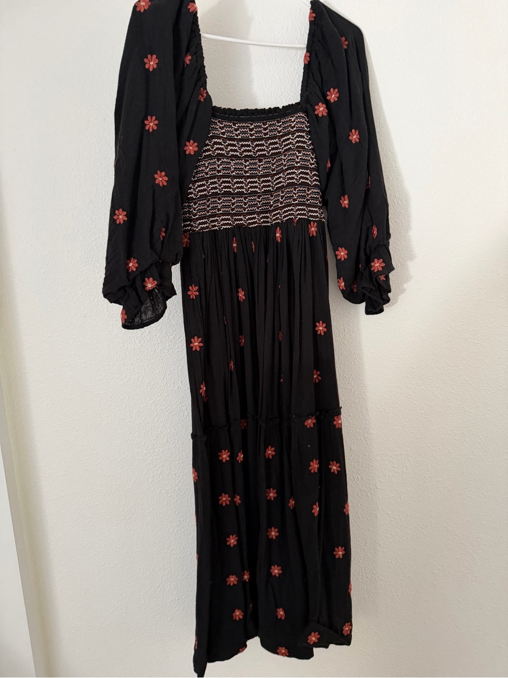 Free People Black Maxi Dress with Rust Floral Embroidery